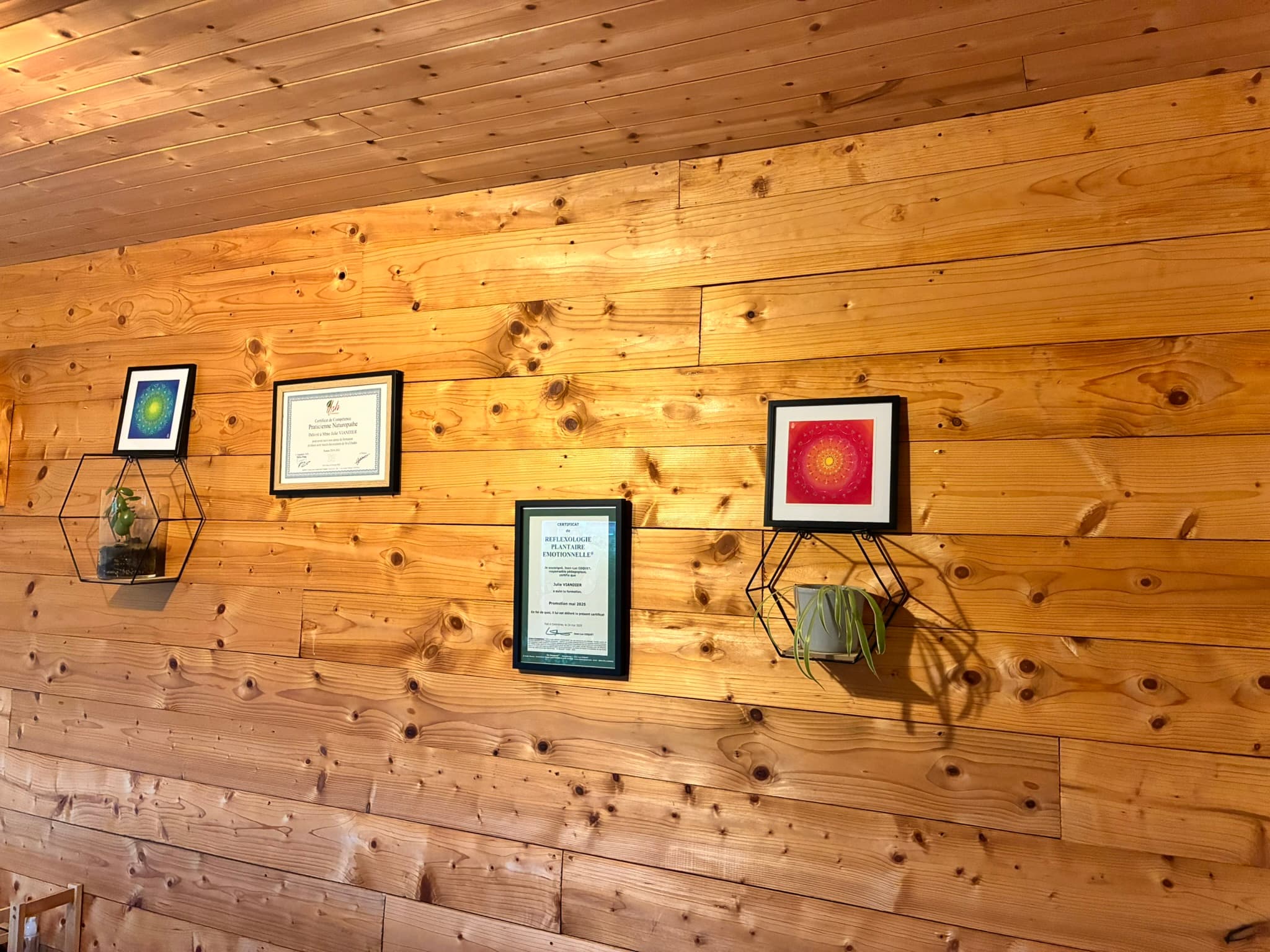 Mur en planches de bois clair du cabinet : deux certificats encadrés, deux mandalas colorés, deux étagères hexagonales avec petites plantes.